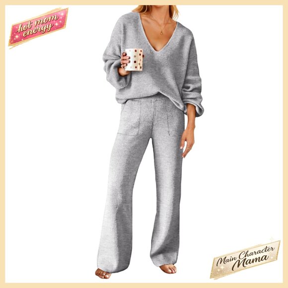 Long Sleeve Knit Sweater Wide Leg Pant Lounge Set US Size